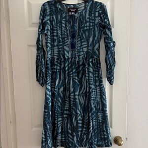 Johnny Was Teal and Navy Patterned Long Sleeve Dress